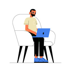 Man Working on Laptop, Flat Vector Illustration Symbolizing Remote Work, Digital Productivity, and Online Connectivity, Isolated on White Background