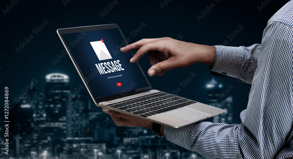 Poster email notification message showing on computer screen snugly. digital marketing message information 
