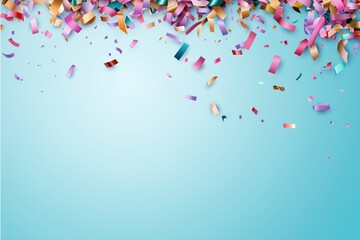 A blue background with colorful confetti falling from the sky. The confetti is in various colors and sizes, creating a festive and celebratory atmosphere