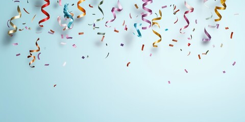 A colorful stream of confetti is falling from the sky. The confetti is in various colors and is scattered all over the sky. The scene is lively and festive, suggesting a celebration or a special event