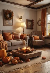 Fototapeta premium Cozy living room with Thanksgiving decorations , couch, autumn