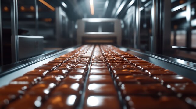 Chocolate bars on a conveyor belt in a factory setting