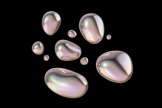 Abstract round chrome droplets grouped together against a dark backdrop. 3D-rendered fluid shapes featuring an iridescent glass texture.