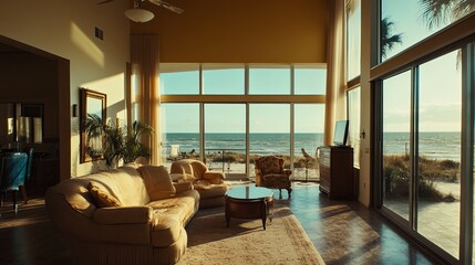 Coastal living room with ocean view and sunlit interior elegance