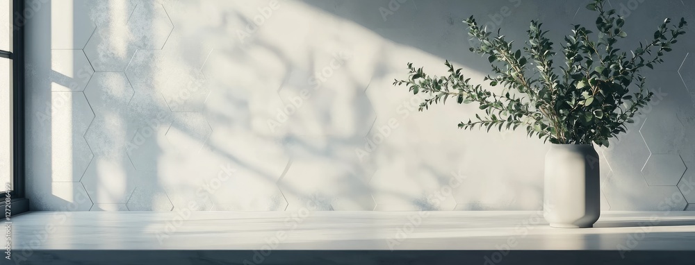 Poster empty white marble table with hexagonal tiles and green plant against a light background, perfect fo