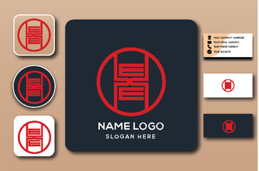 Logo design presentation with red symbol in circle.
