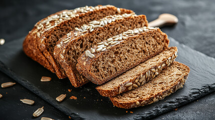 Sliced rye flour bread sprinkled with sunflower seeds, elegantly placed on a black mica board against a dark backdrop. High-resolution photograph