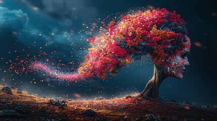 Abstract silhouette of a human head with tree and colorful geometric shapes on dark background