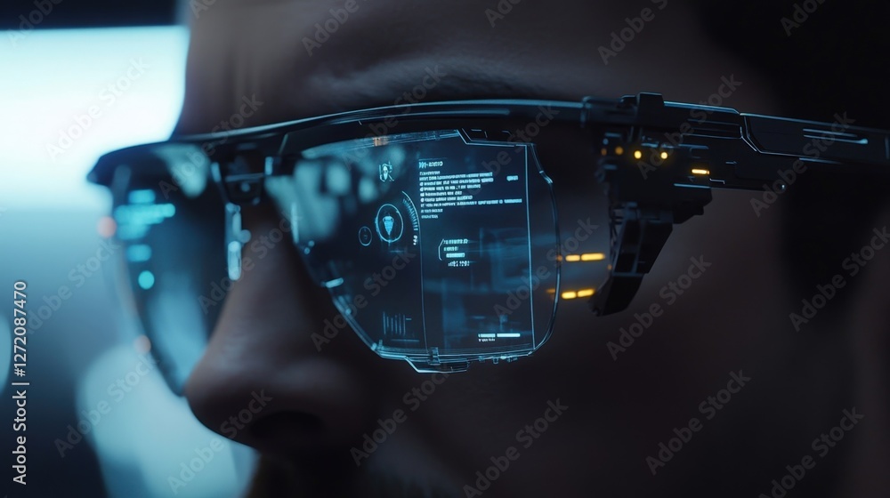 Poster close up of futuristic glasses displaying data and code, suggesting a cybersecurity professional ana