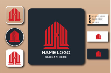 Logo mockup featuring a red building design on various backgrounds.