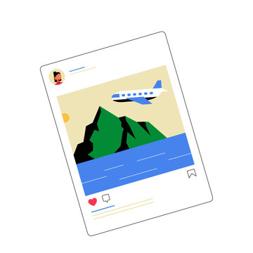 Social Media Travel Post In Flat Vector Illustration Symbolizing Digital Tourism, Vacation Sharing, And Online Engagement, Isolated On White Background
