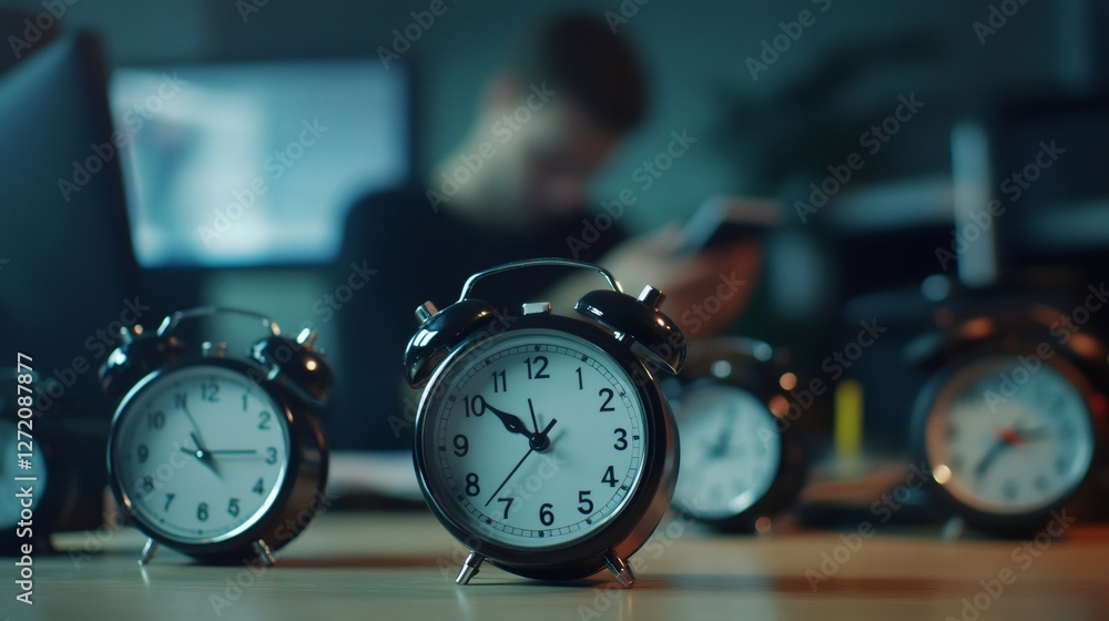 Poster Clocks on a desk symbolize the pressure of time management in a busy work environment. A blurred figure in the background suggests multitasking and stress under tight deadlines