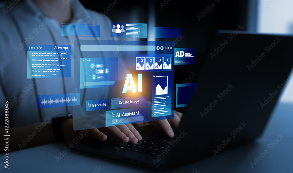 Poster Person using laptop with Ai Content Generator. Interaction with the Ai assistant to solve some tasks more easily. Image generator, documents, marketing and advertising, bot writing and coding.