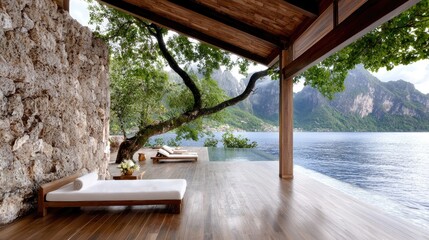 Luxurious wooden deck overlooking a Caribbean lagoon
