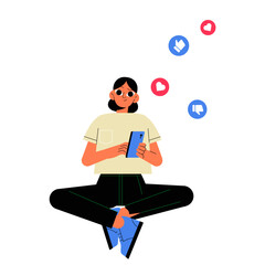 Woman Using Smartphone With Social Media Reactions In Flat Vector Illustration Symbolizing Online Engagement, Digital Interaction, And Communication, Isolated On White Background