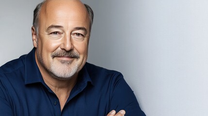 Elderly man with gray hair smiles, arms crossed, exuding happiness in a bright studio setting, emphasizing comfort and confidence