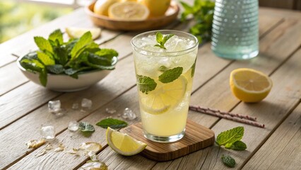 Fototapeta premium A refreshing glass of iced lemonade with mint leaves on a wooden table, high-resolution, realistic style