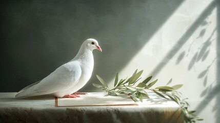 Obraz premium White Dove with Olive Branch on Table in Serene Light