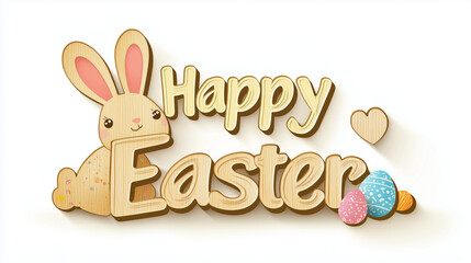 Wooden lettering of happy easter with a cute bunny and colorful eggs is wishing you a happy easter celebration