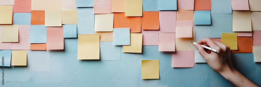 Poster hand organizes a wall filled with colorful sticky notes, symbolizing multitasking and time managemen