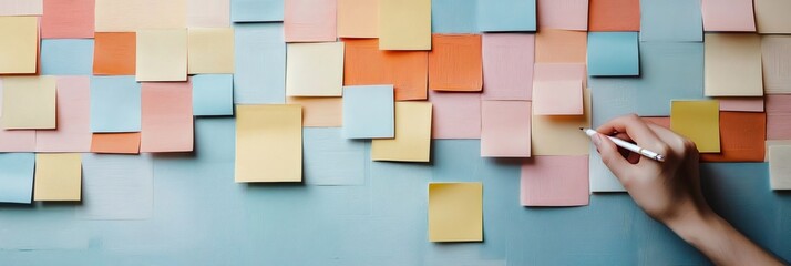 Hand organizes a wall filled with colorful sticky notes, symbolizing multitasking and time management. The scene reflects the chaos and stress of meeting work deadlines efficiently
