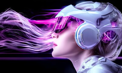 Futuristic woman VR headset experience,  digital technology,  purple energy aura