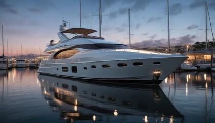 Fototapeta premium Elegant yacht moored in the marina with soft overhead lighting, elegant, peaceful, elegance