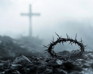 A crown of thorns lying on the rocky ground, with a blurred cross in the background, symbolizing sacrifice, faith, and the spiritual significance of Christâ€™s suffering.