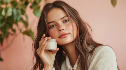 Beauty portrait of an attractive young woman holding a moisturizer jar next to her face, promoting skincare and wellness