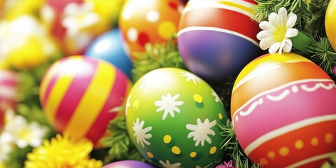 Fototapeta premium Colorful easter eggs resting amid fresh spring foliage, capturing seasonal joy and festive renewal