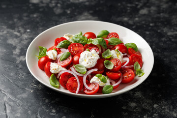 Ricotta cheese salad with cherry tomatoes, onion and basil. Healthy food