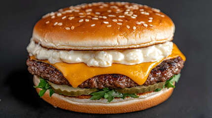 Juicy cheeseburger, sesame bun, dark background, food photography, menu use