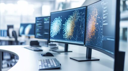 Fototapeta premium Modern Workplace with Multiple Monitors Displaying Data Visualizations