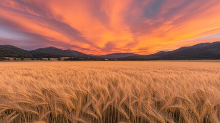 Obraz premium Golden Wheat Field Sunset Mountain View