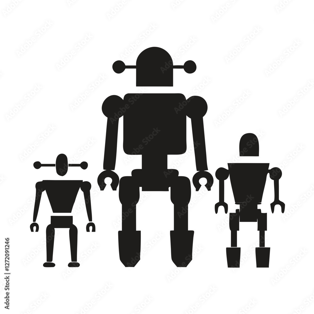 Aufkleber vector art of three robots of different sizes standing together isolated on white background, showca