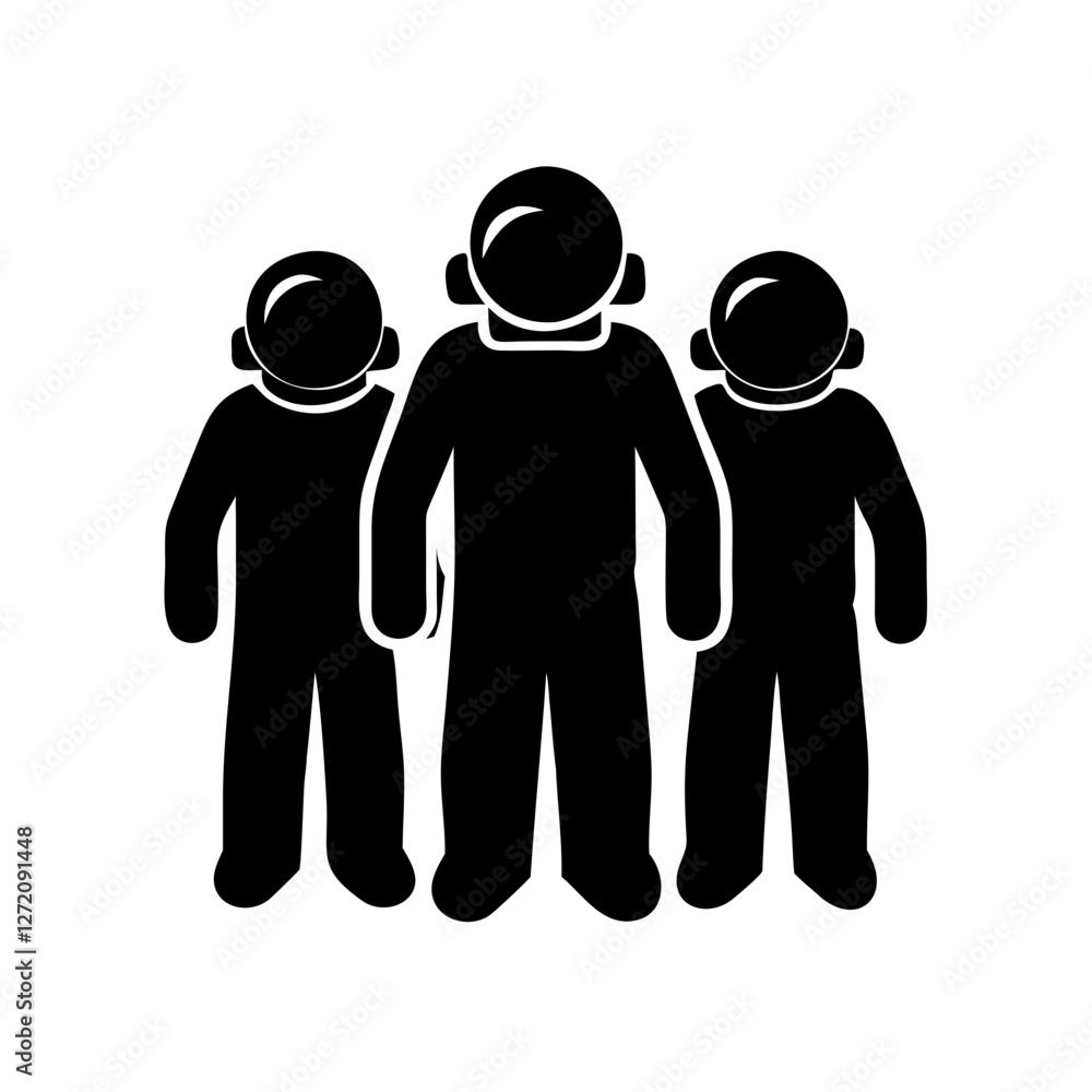 Poster vector art of a team of astronauts in spacesuits standing together isolated on white background, rep