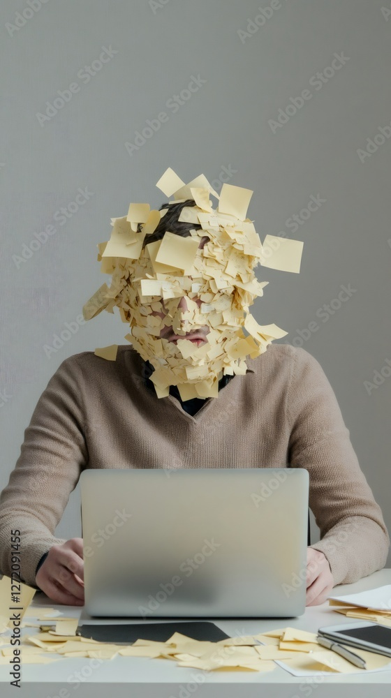 Poster person at a desk is overwhelmed by sticky notes, symbolizing multitasking and stress in a chaotic wo