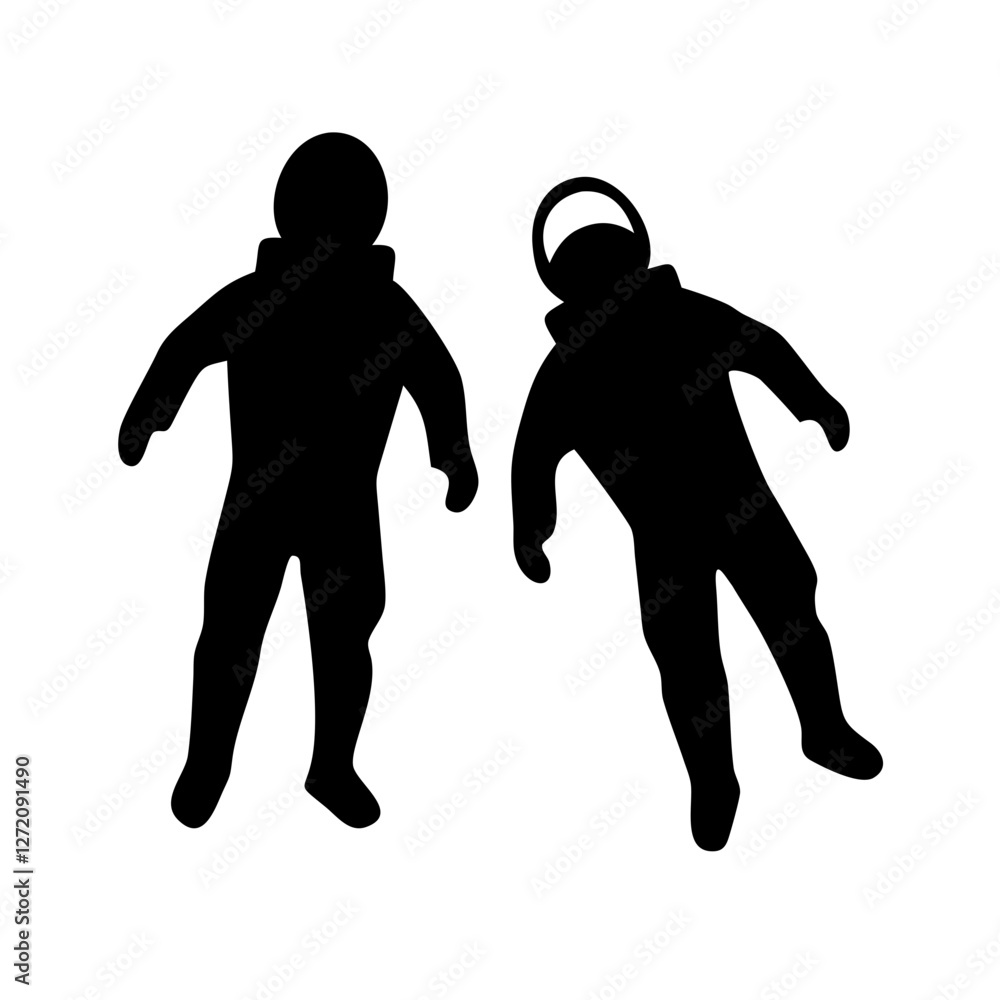 Poster vector art of two astronauts in space suits floating in zero gravity, isolated on white background