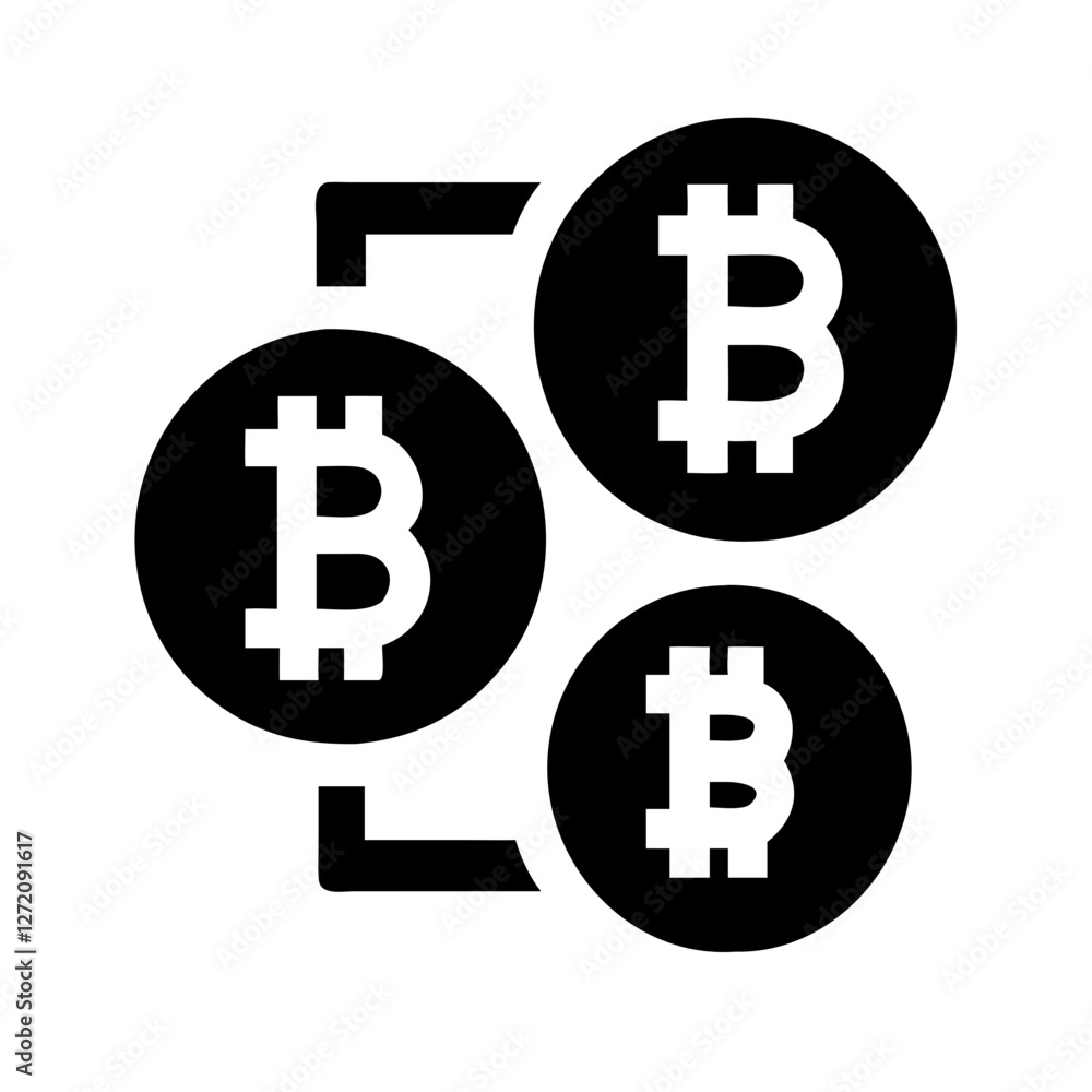 Aufkleber illustration of three bitcoin coins connected by a line isolated on white background, representing d
