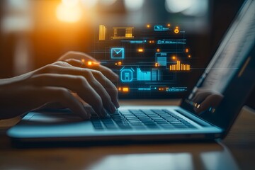 Digital workspace with hands on laptop and futuristic interface display
