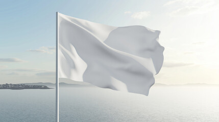 realistic white vertical flag mock up , hanging on a pole,  waving in the air,  with sky  and sea in background  for designs 