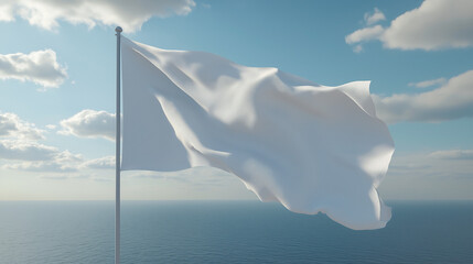 realistic white vertical flag mock up , hanging on a pole,  waving in the air,  with sky in background  for designs 