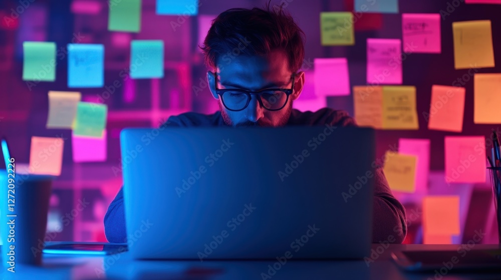 Poster focused software developer is working late at night on a laptop, surrounded by colorful sticky notes
