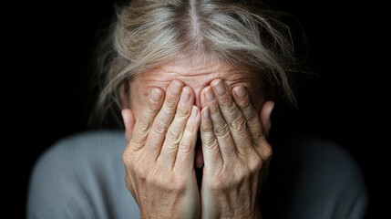 Senior woman covering face, sadness, emotional portrait, close-up, possible use for mental health awareness