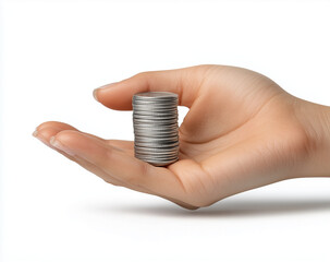Woman gently holding a stack of coins in her open hand, representing savings, investment, or financial security
