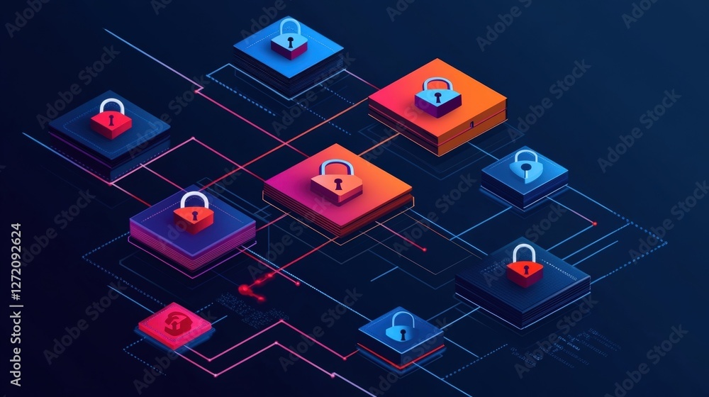 Poster complex network of interconnected digital blocks secured by padlocks, representing a robust cyber se