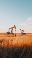 Two oil pumps extracting crude oil in a golden field during sunset, highlighting the fossil fuel industry's role and its significant environmental consequences