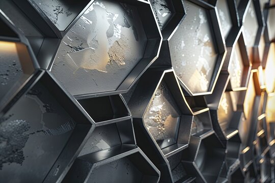 Futuristic Hexagonal Steel Structure Featuring Illuminated Metallic Texture