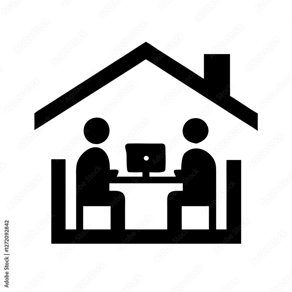 Poster vector art of work from home concept showing two people working together on a computer at a table in