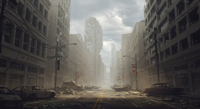Post-Apocalyptic Cityscape - Desolate urban street scene, ruined buildings, abandoned vehicles, overcast sky. A sense of decay and emptiness